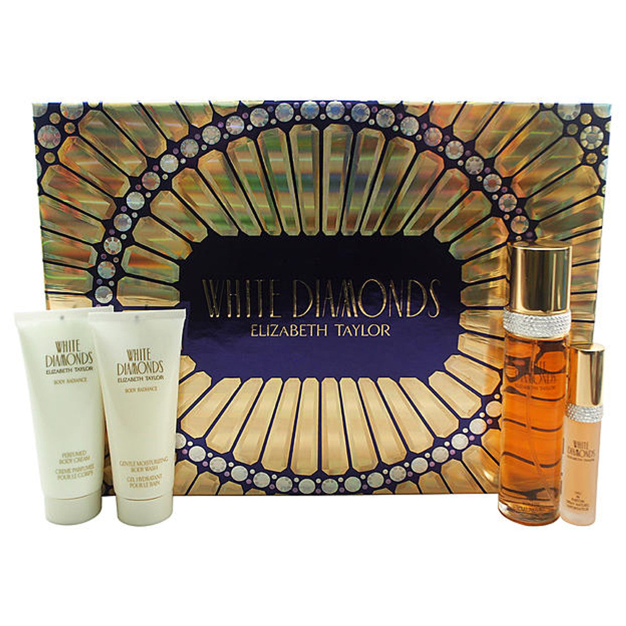 White Diamonds by Elizabeth Taylor 4 Pc Gift Set 3.3 oz EDT + 0.5 oz EDP Spray + 3.3 oz Perfumed Body Cream + 3.3 Gentle Moisturizing Body Wash