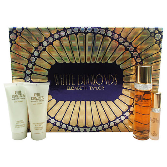 White Diamonds by Elizabeth Taylor 4 Pc Gift Set 3.3 oz EDT + 0.5 oz EDP Spray + 3.3 oz Perfumed Body Cream + 3.3 Gentle Moisturizing Body Wash