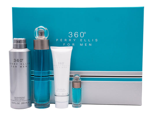 360 by Perry Ellis 4pc Gift Set EDT 3.4 oz + Deodorant Body Spray 6.8 oz + Shower Gel 3.0 oz + Mini 0.25 oz for Men